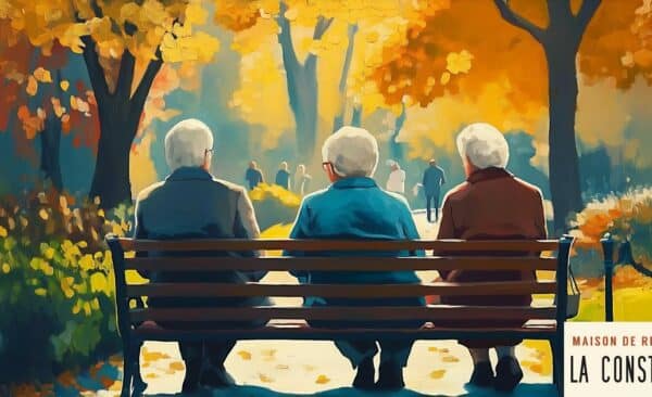 11Résidence seniors La Constance. Illustration pour l'article sur l'amélioration continue de la qualité en maison de retraite. Illustration style peinture de personnages âgées dans un jardin. Certains discutent sur un banc, d'autres marchent.