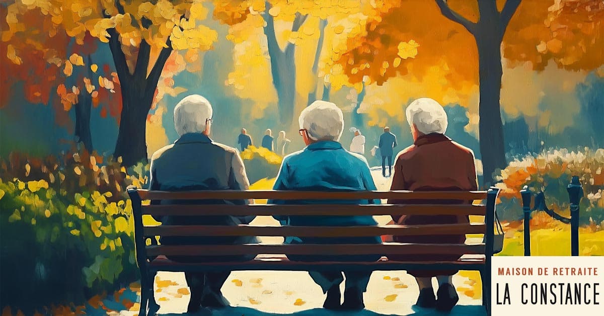 11Résidence seniors La Constance. Illustration pour l'article sur l'amélioration continue de la qualité en maison de retraite. Illustration style peinture de personnages âgées dans un jardin. Certains discutent sur un banc, d'autres marchent.